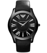 Slim and sophisticated. Everyday dress watch by Emporio Armani crafted of black leather strap and round black-plated stainless steel case. Black dial features applied silver tone Roman numerals, two hands and logo. Quartz movement. Water resistant to 30 meters. Two-year limited warranty.