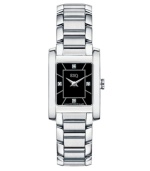 Subtle sophistication - a darling watch from ESQ by Movado. Stainless steel bracelet and rectangular case, 21mm. Black dial features 4 diamond accent markers at three, six, nine and twelve o'clock, two silver-tone hands and logo. Swiss quartz movement. Water resistant to 30 meters. Two-year limited warranty.