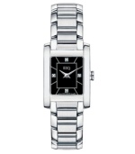 Subtle sophistication - a darling watch from ESQ by Movado. Stainless steel bracelet and rectangular case, 21mm. Black dial features 4 diamond accent markers at three, six, nine and twelve o'clock, two silver-tone hands and logo. Swiss quartz movement. Water resistant to 30 meters. Two-year limited warranty.