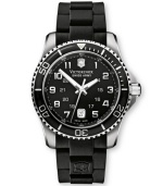 A watch for a pro, fittingly made by the timepiece pros at Victorinox Swiss Army. Black rubber strap and round stainless steel case with anti-reflective sapphire crystal. Bi-directional rotating bezel. Black dial features logo, date window at six o'clock, luminous hands and numeral indices. Swiss movement. Water resistant to 100 meters. Three-year limited warranty.