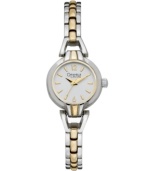 A perfectly petite dress watch styled in traditional two-tone metal. By Caravelle by Bulova. Two-tone bracelet and round case. Silver tone sunray dial features gold tone numerals at twelve and six o'clock, stick indices, three hands and logo. Quartz movement. Water resistant to 30 meters. Two-year limited warranty.