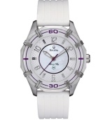 Bulova takes the sport watch to a new level of class with this Marine Star design. Watch crafted of white ribbed polyurethane strap and round stainless steel case. Glass bezel with purple numerals. Mother-of-pear dial features applied silver tone numerals and stick indices, luminous hour and minute hands, purple second hand and logo. Quartz movement. Water resistant to 50 meters. Three-year limited warranty.