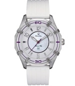 Bulova takes the sport watch to a new level of class with this Marine Star design. Watch crafted of white ribbed polyurethane strap and round stainless steel case. Glass bezel with purple numerals. Mother-of-pear dial features applied silver tone numerals and stick indices, luminous hour and minute hands, purple second hand and logo. Quartz movement. Water resistant to 50 meters. Three-year limited warranty.