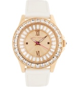 A new neutral for when you want to kick things into gear, by Betsey Johnson. Watch crafted of beige leather strap and round rose-gold tone stainless steel case. Bezel embellished with crystal accents. Textured rose-gold tone dial features ring of baguette-cut crystal accents, applied rose-gold tone Roman numerals at twelve and six o'clock, dot markers at three and nine o'clock, luminous hour and minute hands, signature fuchsia second hand and logo at twelve o'clock. Quartz movement. Water resistant to 30 meters. Two-year limited warranty.