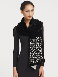A double-sided velvet and silk style with a graphic, geometric laser cut pattern. Velvet: 80% viscose/20% silkBacking: silkAbout 26 X 71Dry cleanImported A double-sided velvet and silk style with a graphic, geometric laser cut pattern. Velvet: 80% viscose/20% silkBacking: silkAbout 26 X 71Dry cleanImported