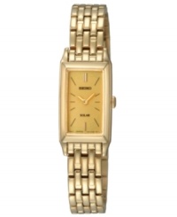 Seiko's classic styling and solar power combine for an exquisite dress watch. Brushed and polished gold tone stainless steel bracelet and rectangular case, 15mm. Champagne dial features stick indices, two gold tone hands and logo. Quartz movement. Water resistant to 30 meters. Three-year limited warranty. Seiko's classic styling and solar power combine for an exquisite dress watch. Brushed and polished gold tone stainless steel bracelet and rectangular case, 15mm. Champagne dial features stick indices, two gold tone hands and logo. Quartz movement. Water resistant to 30 meters. Three-year limited warranty.