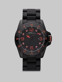 In basic black and vivid orange, a sporty watch that promises to make a statement.QuartzWater-resistant to 5 ATMRound case; 45mm (1.8)Black dial with orange aluminum detailsNumbers and markersDate display at 3 o'clockSecond handStainless steel with silicone wrap strapMade in Japan