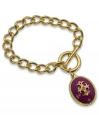 Endlessly romantic. T Tahari's heirloom-inspired charm bracelet features an oval pendant with purple resin and cabochon beads. Crafted in 14K gold-plated mixed metal. Nickel-free for sensitive skin. Approximate length: 7-1/2 inches + 1-inch extender. Endlessly romantic. T Tahari's heirloom-inspired charm bracelet features an oval pendant with purple resin and cabochon beads. Crafted in 14K gold-plated mixed metal. Nickel-free for sensitive skin. Approximate length: 7-1/2 inches + 1-inch extender.