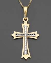 Ecclesiastical beauty. This 14k gold cross pendant is accented with rhodium beads. Chain not included. Approximate drop: 1-1/4 inches. Ecclesiastical beauty. This 14k gold cross pendant is accented with rhodium beads. Chain not included. Approximate drop: 1-1/4 inches.