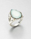 A faceted aqua chalcedony stone surrounded by dazzling white sapphires in a goldtone plated sterling silver setting. Aqua chalcedonyWhite sapphiresSterling silverGoldtone sterling silverWidth, about .8Imported