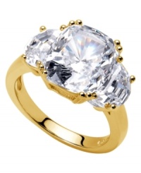 Define your look with a statement ring. CRISLU's stunning cocktail ring resembles an engagement ring with three, sparkling cubic zirconias (8 ct. t.w.) set in 18k gold over sterling silver. Sizes 7 and 8. Define your look with a statement ring. CRISLU's stunning cocktail ring resembles an engagement ring with three, sparkling cubic zirconias (8 ct. t.w.) set in 18k gold over sterling silver. Sizes 7 and 8.