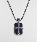 An original design pairs two sterling silver pendants on a single strand. The cross pendant is crafted with pavé diamond detail, and the larger features smooth lapis inlay. Sterling silver Pavé diamonds Lapis Pendant: 1 long Necklace: 24 long Lobster clasp closure Imported 