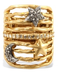 Star light, star bright, this style is certain to light up your night. Rachel Rachel Roy's twinkling star and moon ring features a bold, nine-band design and glass accents for ultimate shine. Crafted in worn gold and silver-tone mixed metal. Ring adjusts to fit finger. Approximate diameter: 1 inch. Star light, star bright, this style is certain to light up your night. Rachel Rachel Roy's twinkling star and moon ring features a bold, nine-band design and glass accents for ultimate shine. Crafted in worn gold and silver-tone mixed metal. Ring adjusts to fit finger. Approximate diameter: 1 inch.