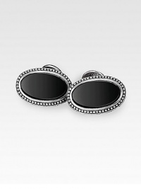 Sleek, smooth onyx stones are set into finely engraved sterling silver. About 1 X ½ Made in USA Sleek, smooth onyx stones are set into finely engraved sterling silver. About 1 X ½ Made in USA
