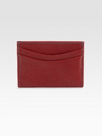 Luxurious saffiano leather with contrast topstitching.Two credit card slotsSaffiano leather4W X 2¾HMade in Italy Luxurious saffiano leather with contrast topstitching.Two credit card slotsSaffiano leather4W X 2¾HMade in Italy