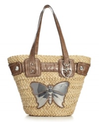 GUESS trims the summery straw bucket purse with patent croc trim for a glam edge, then finishes the look with a girly hardware butterfly! GUESS trims the summery straw bucket purse with patent croc trim for a glam edge, then finishes the look with a girly hardware butterfly!