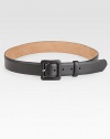 Luxurious Italian leather with semi-gloss pearlized metallic finish and self-covered buckle. About 1½ wide Nubuk calf lining Made in USA 