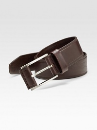 A smooth leather classic is finished with a brushed metal buckle. Brushed silver zinc buckle About 1½ wide Imported 