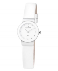 A beautiful, monochromatic watch that goes with every look, by Skagen Denmark. Smooth white leather strap and round stainless steel case. White dial with Swarovski crystals at indices and logo. Quartz movement. Water resistant to 30 meters. Limited lifetime warranty. A beautiful, monochromatic watch that goes with every look, by Skagen Denmark. Smooth white leather strap and round stainless steel case. White dial with Swarovski crystals at indices and logo. Quartz movement. Water resistant to 30 meters. Limited lifetime warranty.