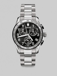 A modern look with classic chronograph functionality, set on a round black dial with a stainless steel bracelet. Round bezel Quartz movement Three-eye chronograph functionality Water resistant to 3 ATM Date function at 4 o'clock Second hand Stainless steel case: 44mm (1.73) Imported A modern look with classic chronograph functionality, set on a round black dial with a stainless steel bracelet. Round bezel Quartz movement Three-eye chronograph functionality Water resistant to 3 ATM Date function at 4 o'clock Second hand Stainless steel case: 44mm (1.73) Imported