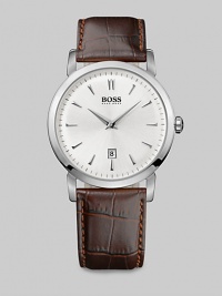Tradition returns with this stainless steel quartz timepiece, in an ultra-slim case that is 9mm thick. A croc-embossed leather strap with pin buckle ensures comfort while the sophisticated Dauphine hands ensure this watch will never go out of style.Quartz movementRound bezelWater resistant to 3ATMDate display at 6 o'clockSecond handStainless steel case: 40mm (1.57)Leather strap braceletImported Tradition returns with this stainless steel quartz timepiece, in an ultra-slim case that is 9mm thick. A croc-embossed leather strap with pin buckle ensures comfort while the sophisticated Dauphine hands ensure this watch will never go out of style.Quartz movementRound bezelWater resistant to 3ATMDate display at 6 o'clockSecond handStainless steel case: 40mm (1.57)Leather strap braceletImported