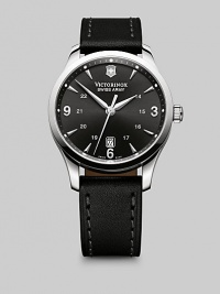 Timeless style for any man, designed in stainless steel with quartz precision and a sleek leather strap. Round bezel Quartz movement Water resistant to 3 ATM Date function at 6 o'clock Second hand Stainless steel case: 40mm Leather strap: 22mm Imported Timeless style for any man, designed in stainless steel with quartz precision and a sleek leather strap. Round bezel Quartz movement Water resistant to 3 ATM Date function at 6 o'clock Second hand Stainless steel case: 40mm Leather strap: 22mm Imported