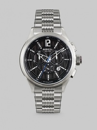 The timeless chronograph design with a contemporary finish, crafted in stainless steel with a three-eye design and link bracelet. Silver dial with applied grate Anti-reflective glass Stainless steel case and band Second hand Water-resistant to 10 ATM Date display at 4 o'clock Round case, 40mm, 1.73 Swiss quartz movement Deployment buckle Imported 