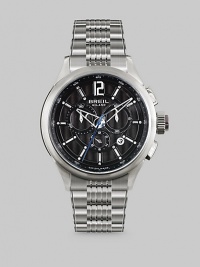 The timeless chronograph design with a contemporary finish, crafted in stainless steel with a three-eye design and link bracelet. Silver dial with applied grate Anti-reflective glass Stainless steel case and band Second hand Water-resistant to 10 ATM Date display at 4 o'clock Round case, 40mm, 1.73 Swiss quartz movement Deployment buckle Imported The timeless chronograph design with a contemporary finish, crafted in stainless steel with a three-eye design and link bracelet. Silver dial with applied grate Anti-reflective glass Stainless steel case and band Second hand Water-resistant to 10 ATM Date display at 4 o'clock Round case, 40mm, 1.73 Swiss quartz movement Deployment buckle Imported