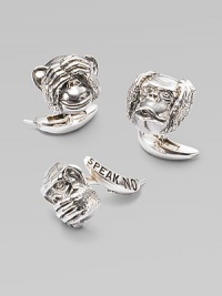 A clever addition to any gentleman's wardrobe in sterling silver, depicting the ancient axiom to see no evil, hear no evil, speak no evil. Set includes one of each Sterling silver About ½ diam. Imported A clever addition to any gentleman's wardrobe in sterling silver, depicting the ancient axiom to see no evil, hear no evil, speak no evil. Set includes one of each Sterling silver About ½ diam. Imported