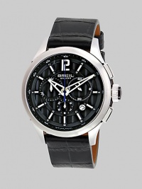 A sleek timepiece designed with renowned Swiss precision in stainless steel with an applied grate and textured leather strap. Round bezel Quartz movement Three-eye chronograph functionality Water resistant Date function at 4 o'clock Second hand Stainless steel case: 44mm (1.73) Textured leather strap Deployment clasp Made in Switzerland A sleek timepiece designed with renowned Swiss precision in stainless steel with an applied grate and textured leather strap. Round bezel Quartz movement Three-eye chronograph functionality Water resistant Date function at 4 o'clock Second hand Stainless steel case: 44mm (1.73) Textured leather strap Deployment clasp Made in Switzerland