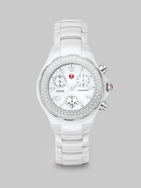 Classic chronograph design features a textured enamel dial framed in one hundred brilliant diamonds. Swiss quartz movementWater resistant to 5 ATMRound ceramic case, 35mm (1.4)Diamond bezel, .47 tcwWhite chronograph dialNumeric hour markersDate display at 6 o'clockSecond hand White ceramic link braceletImported Classic chronograph design features a textured enamel dial framed in one hundred brilliant diamonds. Swiss quartz movementWater resistant to 5 ATMRound ceramic case, 35mm (1.4)Diamond bezel, .47 tcwWhite chronograph dialNumeric hour markersDate display at 6 o'clockSecond hand White ceramic link braceletImported