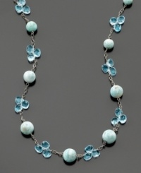 Beautiful blooms of round-cut blue topaz (33 ct. t.w.) alternate with larimer beads on this sterling silver necklace. Approximate length: 18 inches. Beautiful blooms of round-cut blue topaz (33 ct. t.w.) alternate with larimer beads on this sterling silver necklace. Approximate length: 18 inches.