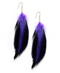 Incredible indigo. Ali Khan's gold tone mixed metal earrings feature purple and black feathers. Approximate drop: 4-1/2 inches. Incredible indigo. Ali Khan's gold tone mixed metal earrings feature purple and black feathers. Approximate drop: 4-1/2 inches.