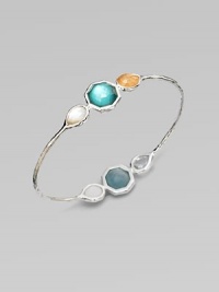 From the Wonderland Collection. Three faceted, silver-framed stones on one side, three on the other, define this slender bangle of hammered silver with colorful layered doublets, creamy mother-of-pearl and radiant clear quartz.Mother-of-pearl and clear quartzSterling silverDiameter, about 2½Imported From the Wonderland Collection. Three faceted, silver-framed stones on one side, three on the other, define this slender bangle of hammered silver with colorful layered doublets, creamy mother-of-pearl and radiant clear quartz.Mother-of-pearl and clear quartzSterling silverDiameter, about 2½Imported
