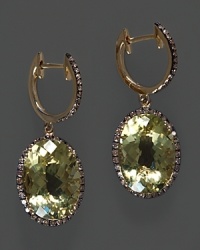 Lemon quartz and brown diamond drop earrings in yellow gold. Lemon quartz and brown diamond drop earrings in yellow gold.