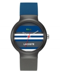 Cultivate your Ivy League look with Lacoste. Unisex Goa watch crafted of gray and navy silicone strap and round gray plastic case. Multi-color stripe dial features iconic crocodile logo at twelve o'clock, white text logo at six o'clock, white cut-out hour and minute hand and red second hand. Quartz movement. Water resistant to 30 meters. Two-year limited warranty. Cultivate your Ivy League look with Lacoste. Unisex Goa watch crafted of gray and navy silicone strap and round gray plastic case. Multi-color stripe dial features iconic crocodile logo at twelve o'clock, white text logo at six o'clock, white cut-out hour and minute hand and red second hand. Quartz movement. Water resistant to 30 meters. Two-year limited warranty.