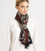 An artistic leopard and forest print adorns a woven, sumptuous cashmere wrap.CashmereAbout 36 X 80Dry cleanImported