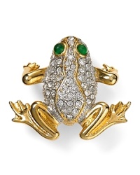 Carolee marks 40-years of glamour with this frog-shaped pin, cast in plated gold and topped with crystal stones. Carolee marks 40-years of glamour with this frog-shaped pin, cast in plated gold and topped with crystal stones.