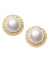 A luxurious delight. A 14k gold rope setting adorns the edges of these beautiful cultured freshwater pearl earrings (9-1/2-10mm). Approximate diameter: 1/2 inch.