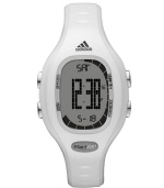 Power hour. This bright white Naloa watch by adidas crafted of polyurethane strap with shiny metallic finish and round plastic case with logo at bezel. Positive display digital dial features time, date, stopwatch and 10-lap memory. Quartz movement. Water resistant to 100 meters. Two-year limited warranty.