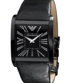 A modern classic in pitch black tones, by Emporio Armani. Watch crafted of smooth black leather strap and square black ion-plated stainless steel case. Black dial with silver tone Roman numerals, two hands, inner minute track and logo at twelve o'clock. Quartz movement. Water resistant to 30 meters. Two-year limited warranty.