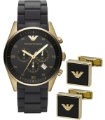 Don't settle for the basics. Go for the complete look with this handsome watch and cufflink set from Emporio Armani.