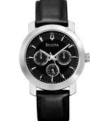 Black leather never goes out of style. This handsome timepiece from Bulova reaffirms the fact.