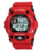 Engineered for your most rugged activities, this G-Shock is prepared to go everywhere you go. Red resin strap and round case. Shock-resistant, digital display dial features auto EL backlight with afterglow, flash alert, tide graph, moon data, world time, city code display, four multifunction alarms, hourly time signal, countdown timer, stopwatch, auto calendar and 12/24-hour formats. Quartz movement. Water resistant to 200 meters. One-year limited warranty.