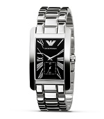 Emporio Armani classic-inspired stainless steel bracelet watch with rectangular-shaped black dial. Numbers displayed as Roman numerals. Second hand. Signature eagle logo detail.