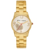 Sweet girls arrive on time! Watch by Betsey Johnson crafted of polished gold tone stainless steel bracelet and round case. White dial features applied gold tone numerals at twelve, three, six and nine o'clock, gold tone crystal-accented heart graphic, gold tone hour and minute hands, signature fuchsia second hand and logo. Quartz movement. Water resistant to 30 meters. Two-year limited warranty.