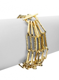 THE LOOKFive strand silhouetteRectangle links18k electroplated gold Toggle clasp with logo charmTHE MEASUREMENTWidth, about 1¼Length, about 7ORIGINMade in Italy THE LOOKFive strand silhouetteRectangle links18k electroplated gold Toggle clasp with logo charmTHE MEASUREMENTWidth, about 1¼Length, about 7ORIGINMade in Italy