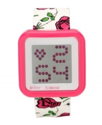 Flaunt your eccentric side with this retro-inspired watch by Betsey Johnson. Floral and spider print silicone strap and square fuchsia polycarbonate case. Positive display digital LCD screen shows time in pink. Quartz movement. Water resistant to 50 meters. Two-year limited warranty. Available exclusively at Macy's! Flaunt your eccentric side with this retro-inspired watch by Betsey Johnson. Floral and spider print silicone strap and square fuchsia polycarbonate case. Positive display digital LCD screen shows time in pink. Quartz movement. Water resistant to 50 meters. Two-year limited warranty. Available exclusively at Macy's!