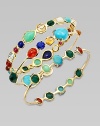 From the Modern Rock Candy® Collection. A colorful style with a mix of dyed red agate, gold green agate, turquoise and chrysoprase set in a narrow 18k gold bangle. Dyed red agate, gold green agate, turquoise and chrysoprase18k goldDiameter, about 2½Slip-on styleImported Please note: Bracelets sold separately. 