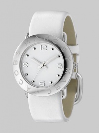 A subtly logo engraved bezel with sleek white dial and leather strap.Quartz movement Water resistant to 3 ATM Logo engraved bezel Round stainless steel case, 36mm, (1.41) White dial Arabic numeral and dot hour markers Second hand Leather strap, 22mm, (.86) Buckle closure Imported A subtly logo engraved bezel with sleek white dial and leather strap.Quartz movement Water resistant to 3 ATM Logo engraved bezel Round stainless steel case, 36mm, (1.41) White dial Arabic numeral and dot hour markers Second hand Leather strap, 22mm, (.86) Buckle closure Imported